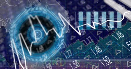 Image of globe, processing circle, graphs and financial data on digital screen. Global business,...