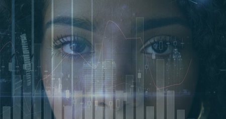 Image of data processing over african american woman. Global business and digital interface concept...