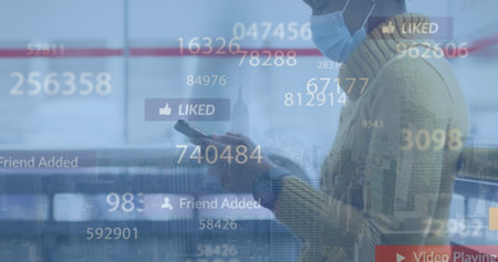 Social media counters and notifications over african american woman using cellphone and skyscrapers. image, digital composite, covid, afro hair, internet, technology and city concept.の写真素材