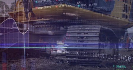 Image of financial data processing over junkyard. Global business, finances, data processing and digital interface concept digitally generated image.の写真素材