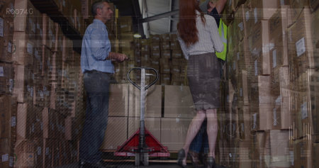 Image of data processing over man working in warehouse. Environment recycling green energy and...