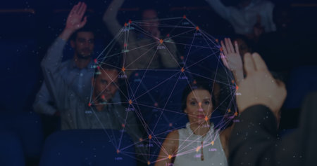 Image of data processing over diverse business people at meeting. Global business and digital interface concept digitally generated image.の写真素材