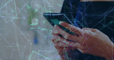 Image of data processing over caucasian businessman using smartphone. Global business and digital...