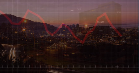 Image of financial graphs and data over timelapse with road traffic at sunset. Global finance, economy and city life concept digitally generated image.の写真素材