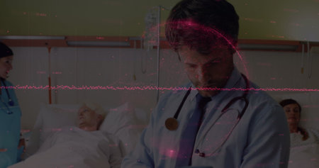 Image of data processing over doctor with patient. Global medicine, technology, data processing and...