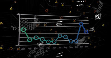 Image of graphs and icons on black background. Finance, economy and technology concept digitally...
