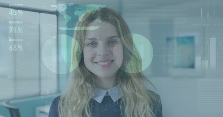 Image of data processing over caucasian businesswoman in office. Global business and digital...
