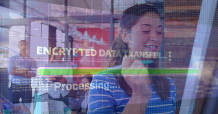 Image of data processing over woman using smartphone while looking at car. Global shipping delivery...