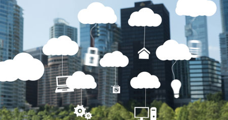 Image of digital icons hanging to multiple clouds against tall buildings. Global business and cloud...