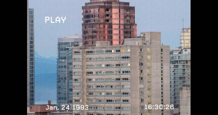 Image of vhs glitch effect over tall buildings in background. Global networking and business...