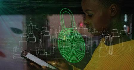 Image of tech icons and metaverse city over african american woman using smartphone. Digital safety,...