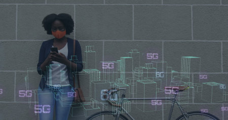 Image of graphical rotating skyscrapers and 5g text over african american woman using cellphone....