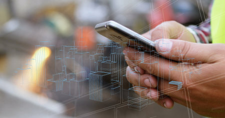 Image of data over hands of caucasian man using smartphone. Data processing and technology concept...