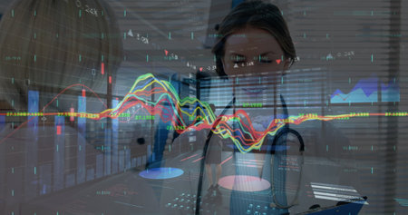 Image of data processing over caucasian female doctors talking. Global medicine and digital interface concept digitally generated image.の写真素材