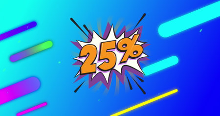 Image of 25 percent text and shapes on blue background. Retail and shopping concept digitally...