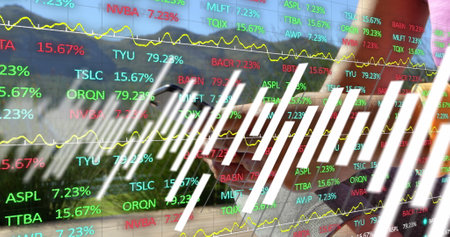 Image of financial data and graphs over hands of caucasian woman using smartphone. Finance, data...