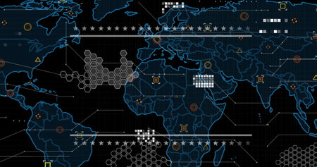 Image of world map and icons on black background. Finance, economy and technology concept digitally...