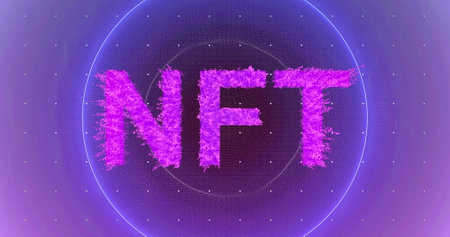 Image of nft text and neon circles on black background. Retail and shopping concept digitally generated image.の写真素材