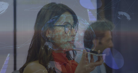 Image of globe and binary code over business people wearing phone headsets. Business networking...