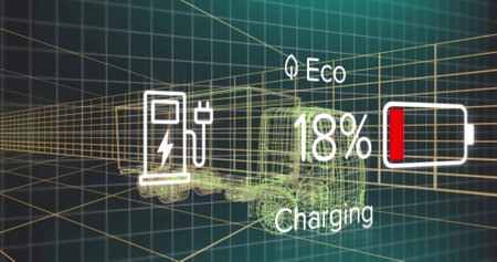 Image of data processing over digital truck on black background. Global transport, computing and digital interface concept digitally generated image.の写真素材