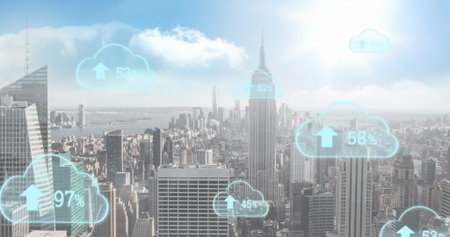 Image of clouds with percent growing over cityscape. Global cloud computing, digital interface and...