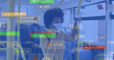 Image of social media notifications over african american woman talking over cellphone in bus....