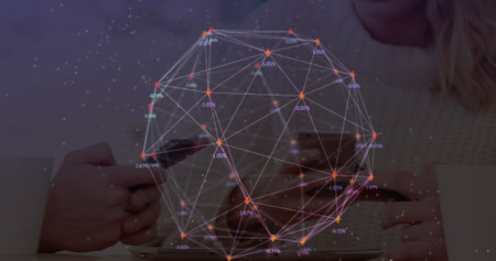 Image of web of connections with numbers floating over man and woman using smartphones. global networking concept digital composite.の写真素材