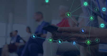 Image of web of connections with icons floating over hands of a man using a smartphone.global...