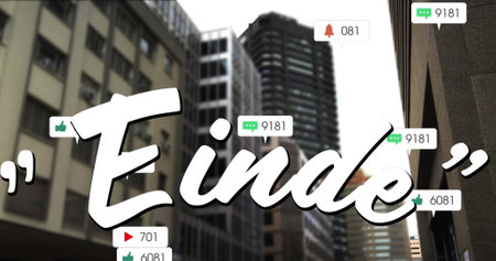 Einde text over digital icons and increasing numbers on speech bubbles against tall buildings....