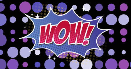 Image of wow text on retro speech bubble over purple spots on black background. retro communication, colour and movement concept digitally generated image.の写真素材