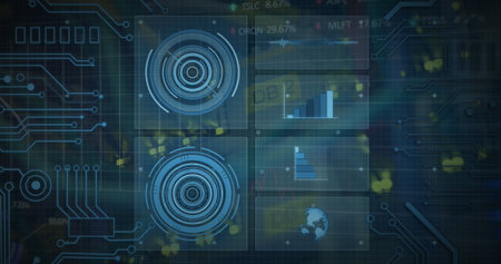 Image of data processing over computer wires. image of data processing over caucasian woman checking...