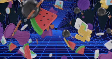 Image of 3d media icons tumbling over blue digital grid and landscape. Retro, technology,...
