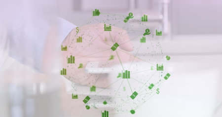 Image of web of connections with icons floating over caucasian man using a smartphone. global...