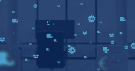 Image of web of connections with icons floating over a desk with desktop computer. global networking concept digital composite.の写真素材