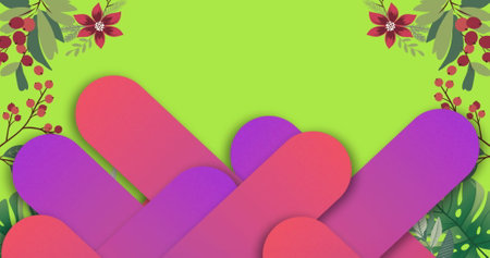 Digital image of abstract shapes against floral designs with copy space on green background. background with floral designs conceptの写真素材