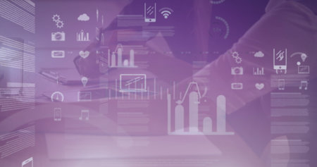 Image of network of digital icons and data processing over diverse business people. global business,...