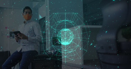 Globe of network of connections against man wearing face mask using digital tablet at office....