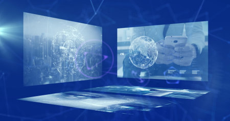 Image of network of connections over data processing on blue background. global connections, data...