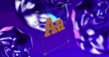 Image of letter a text icon on clear tablet rotating over floating liquid blobs on blue. Retro, technology, alphabet, media and digital interface, digitally generated image.の写真素材