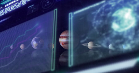 Image of computer data processing over screens. Global business, connections, computing and data...