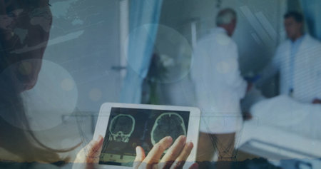 Image of data processing over diverse male and female doctors in hospital. Medicine, healthcare,...