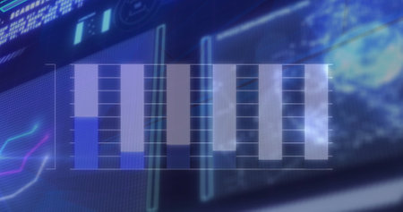 Image of statistics and data processing over screens. global connections, digital interface and data...