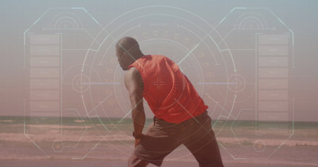 Image of data processing over african american man exercising at beach. health and fitness concept...