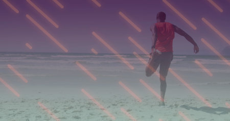 Image of lines over african american man stretching at beach. health and fitness concept digitally generated image.の写真素材