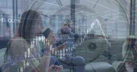 Image of clock and financial data processing over diverse business people in office. Global business, finance and data processing concept digitally generated image.の写真素材