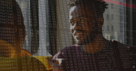 Image of data processing over african american couple drinking coffee. Global business and digital interface concept digitally generated image.の写真素材