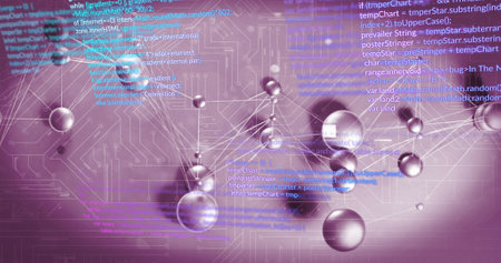 Image of network of connections over pink background. Global science, connections, data processing and digital interface concept digitally generated image.の写真素材