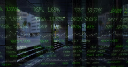 Image of financial data processing over modern building. global finances, business and data...