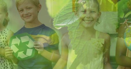 Image of watering plants over diverse children smiling. Recycle week, ecology and celebration concept digitally generated image.の写真素材