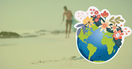 Image of globe icon over african american female volunteer segregating waste. Recycle week, ecology and celebration concept digitally generated image.の写真素材